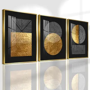 3 Count Aluminum Alloy Frame Canvas, Fashion Poster, Geometric Gold Abstract Art, Modern Living Room Decoration, Light Luxury Family Art, Modern Home Decor, Suitable For Bedroom, Corridor And Office Wall Decor, Gift