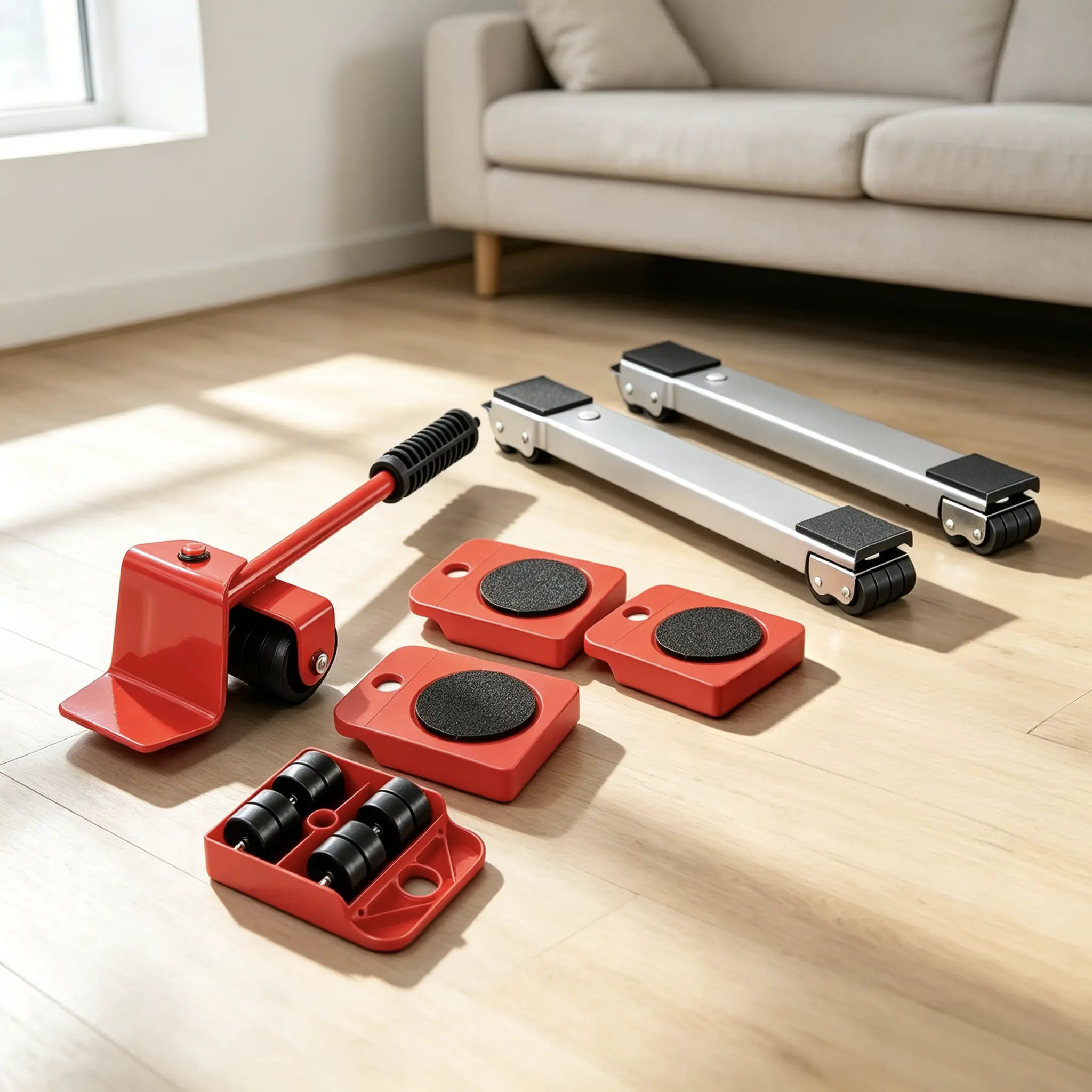 Alloy-Plastic Multi-Function Furniture Mover Set with Lifter Tool, Rotating Moving Pads, Adjustable-Length Dolly Bars for Heavy Moves on Various Floors (Household, Warehouse Use), Dolly Bar, Pads + Bars
