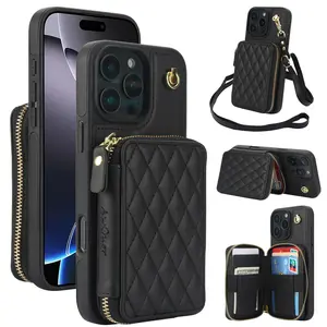Fashion Quilted Design Protective Phone Case Cover with Card Slot & Wrist Strap, RFID Shielded PU Leather Zipper Tote, Phone Accessories for iPhone, Protector