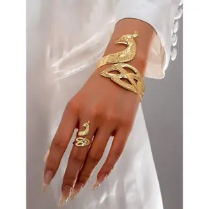 2pcs Exaggerated Peacock Bracelet & Ring Set For Women, Fashion Statement Jewelry For Parties, Festivals, Or Special Occasions