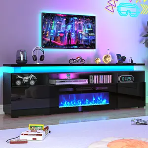 70"/82.6" Fireplace TV Stand w/40 Electric Fireplace for 85in/95in TVs, 26.5" Tall High Gloss Entertainment Center w/Fireplace, TV Media Console w/Charging Station, LED Lights for Living Room, Black/White
