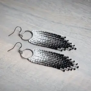 Siberian Husky Dream Catcher Fringe Earring Hoop - Handmade Boho Seed Bead Jewelry