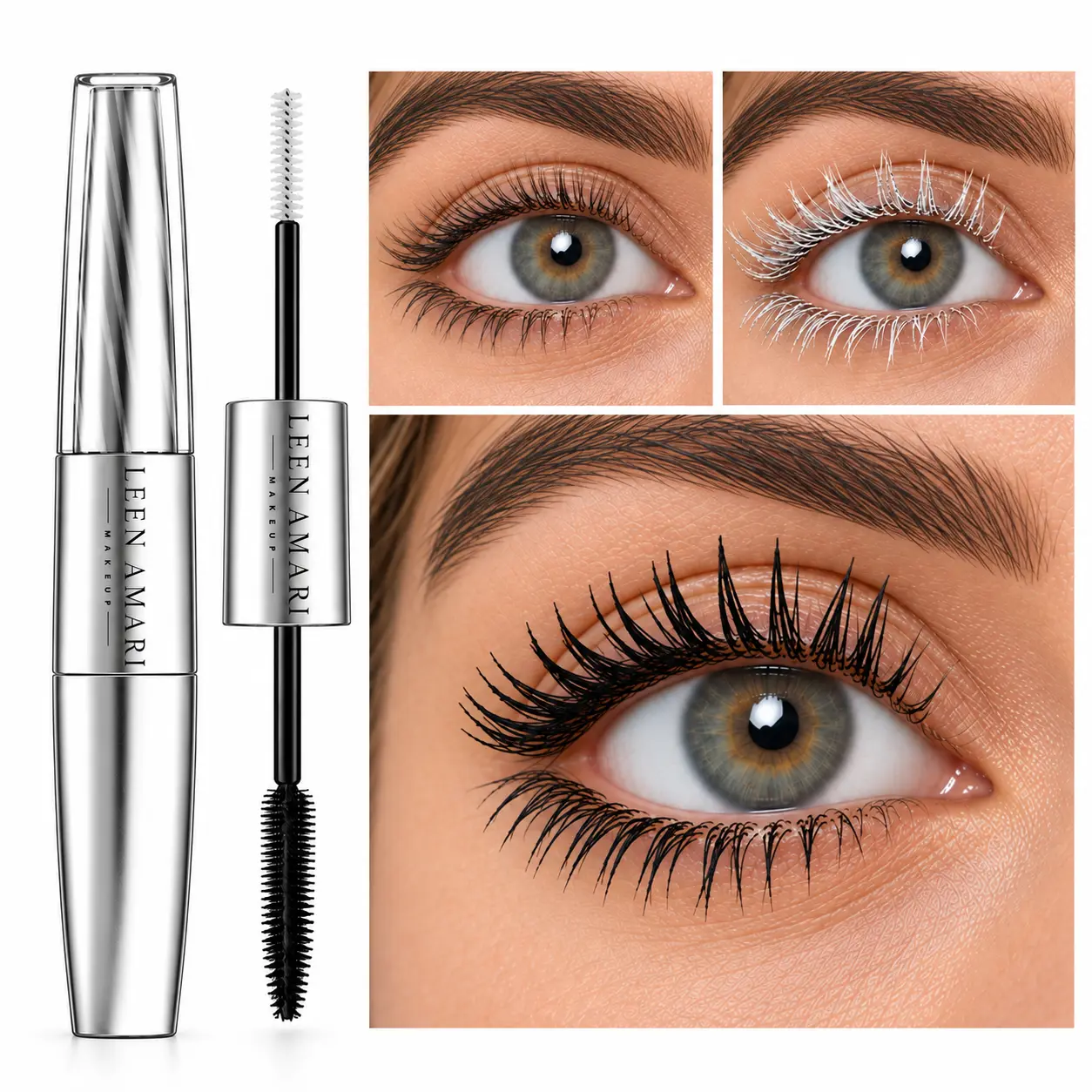 LEEN AMARI 2-in-1 Dual-Ended Mascara - Bold Black + White Primer Gel, Alcohol Free, Water Resistant, Mascara Volume and Length, Buildable, Non-Smudge, Bottom Lash Friendly, with Mirror for Daily Wear & Parties