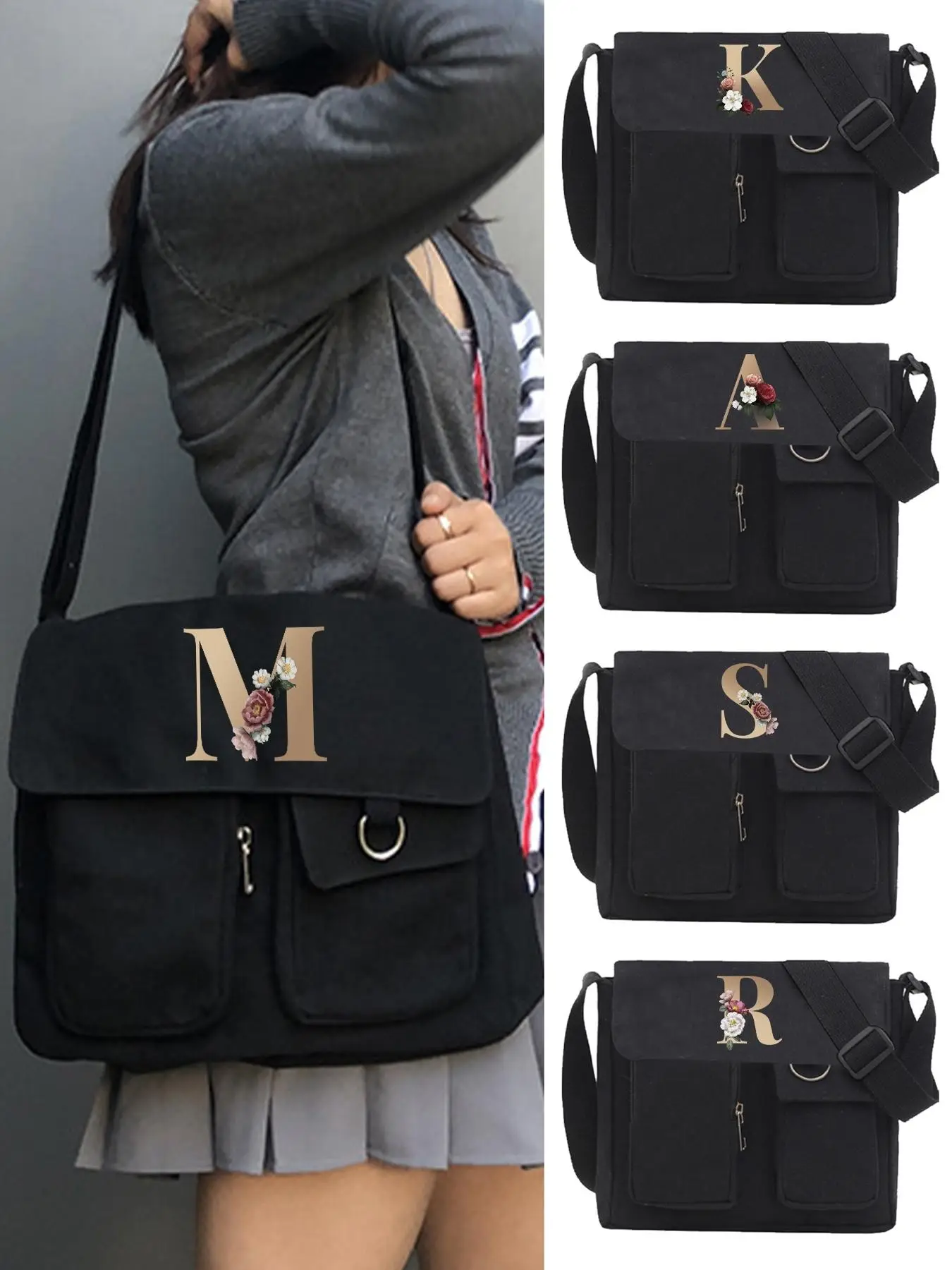 Women's Letter & Flower Pattern Canvas Crossbody Bag, Large Capacity Messenger Bag, Minimalist All-match Crossbody Bag for College & Daily Use