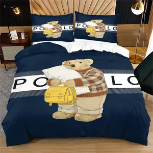 Yellow backpack pajama teddy bear printed pattern duvet cover set, including 1 duvet cover and 1 or 2 pillowcases, without a core or pillow, suitable for bedroom or dormitory bedding set, Bed Sets Supplies, suitable for gift giving or personal use