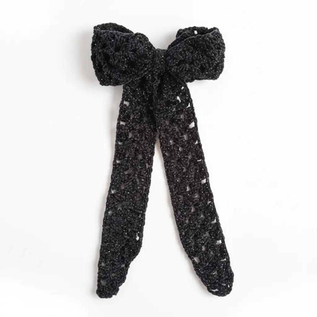 Sparkling Black Velvet Crochet Hair Bow - Silver Shimmer