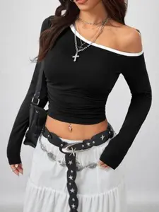 Women's Fashion Colorblock Asymmetrical Neck Off-Shoulder Slim Fit Long Sleeve Top, Stylish Casual Wear for Spring & Fall