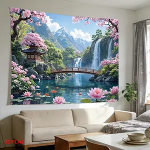 Japanese cherry blossom photography background cloth, Oriental Zen garden background banner, made of polyester material, suitable for photo booths, parties, birthdays, celebrations, as well as indoor and outdoor home birthday party decoration