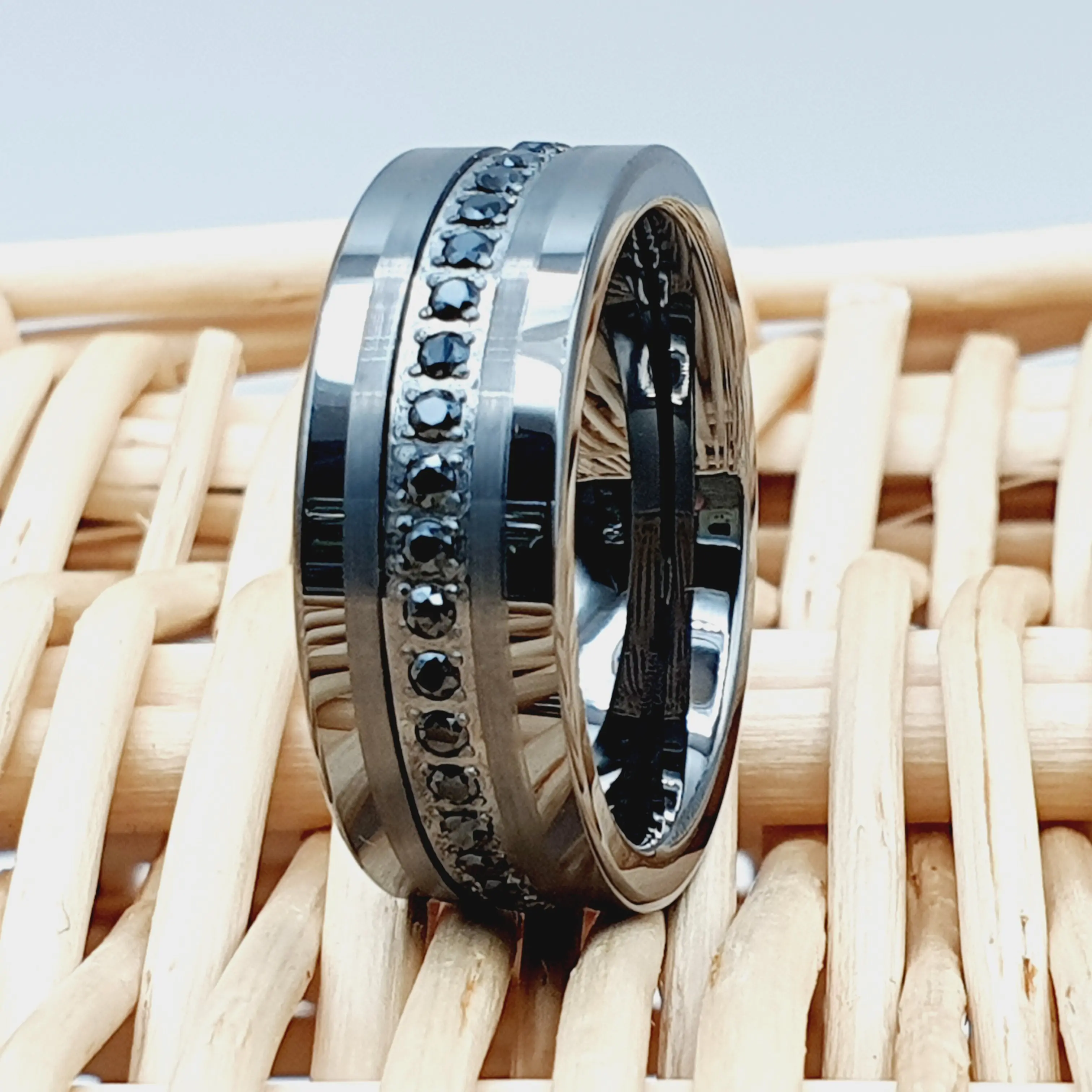 Men's Black IP Plated Gun Metal Tungsten Ring with Diamonds for Wedding and Engagement