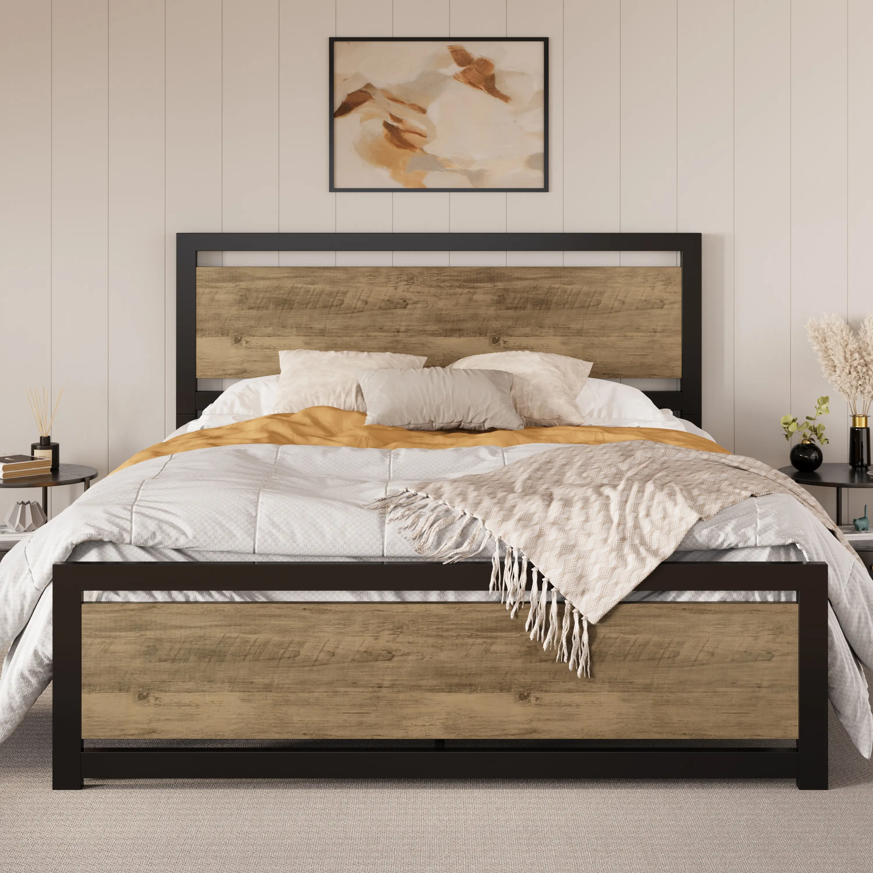 SHA CERLIN Full/Queen Size Bed Frame with Modern Wooden Headboard【Frame Only No Mattress】13 Strong Metal Slats Support#TikTokShopfalldealsforyou#Chris