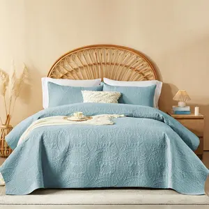 2/3pcs Elegant Microfiber Quilt Set - Soft & Lightweight, Modern Coin Pattern Summer Bedspread & Pillow Shams In Blue - Soundwave Technology Embossed, For All-Season Comfort - Machine Washable