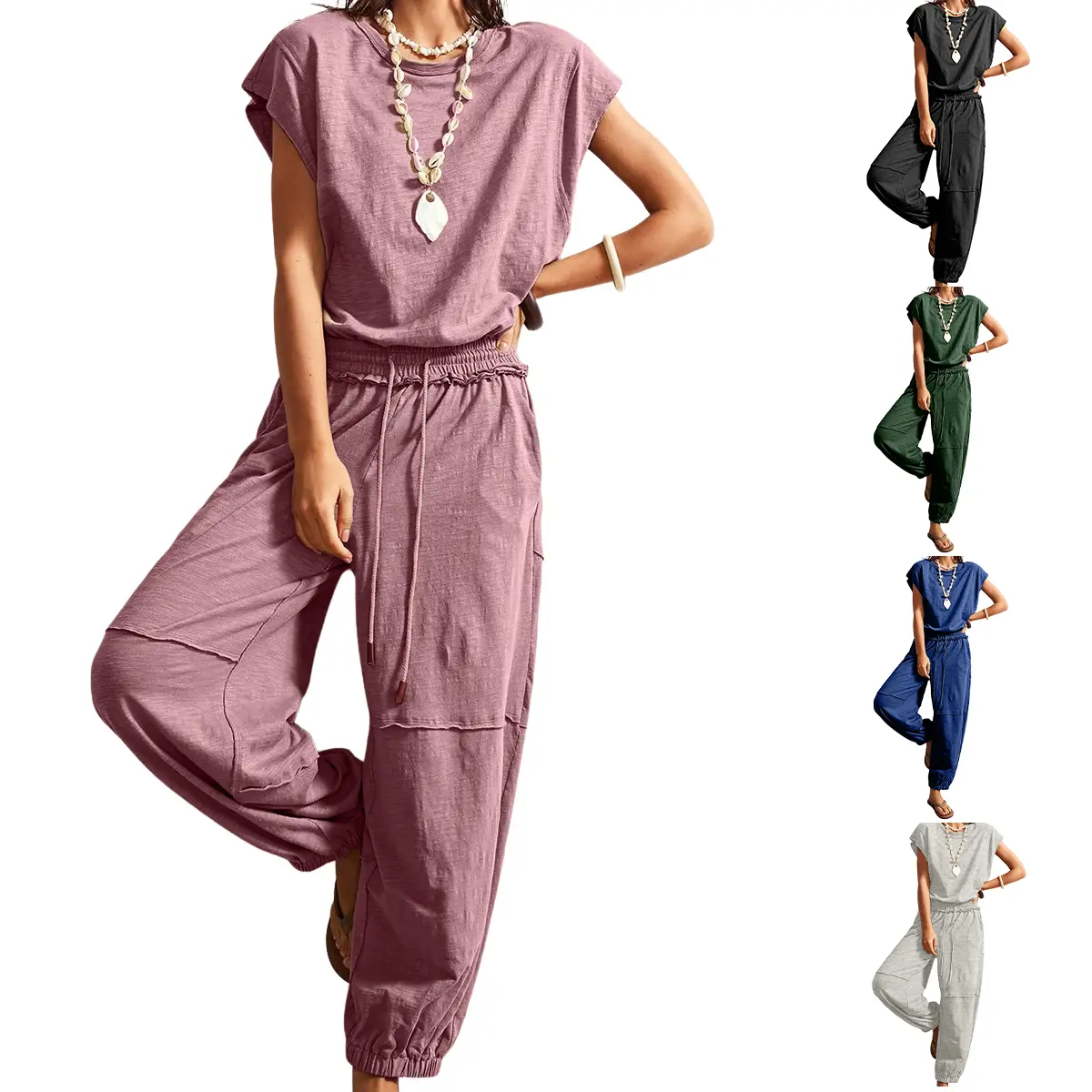 Molitree Women's Casual Crewneck Cap Sleeve Drawstring Romper with Pockets, 1-Piece Overalls (Womenswear)