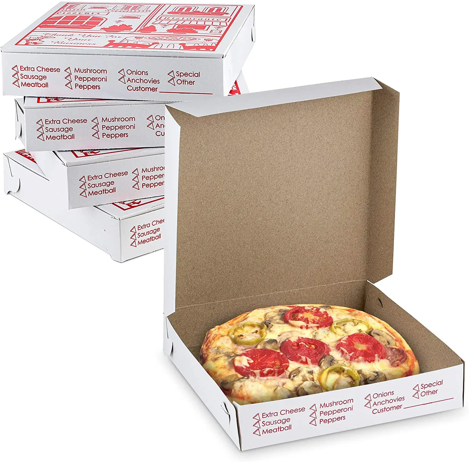 MT Products 12" x 12" x 2" Square White Clay Coated Extra Thin Cardboard Pizza Boxes with Lock Corners, Disposable Food Storage for Home, Easy-Assemble Flat-Ship Supplies for Cafe, Restaurant Parties