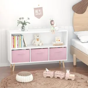 Multi-Shelf Bookcase with 3 Fabric Drawers, Toy Storage Organizer for Playroom or Bedroom, Sturdy Pine Legs, White and Pink – Bookshelf & Display Rack
