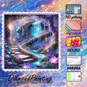 DIY 5D Flocking Cloth Diamond Painting Craft Kit, AB diamonds, fairy dust diamonds, crystal diamonds, waterfall, steps, flowers diamond embroidery, special craft diamond art kit, wall decoration, gift for family, loved ones, and friends