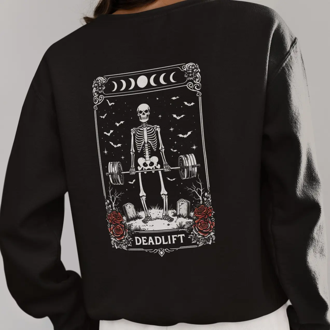 Women's Gothic Skeleton Graphic Long Sleeve Cotton Hoodie - Basic Crew Neck Casual Pullover Sweatshirt, Deadlift Powerlifting Workout Pump Cover (Cold Wash Safe)
