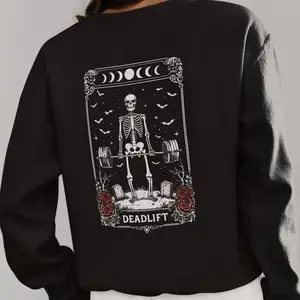 Skeleton Deadlift Sweatshirt – Gothic Gym Crewneck, Powerlifting & Weightlifting Workout Gym Pump Cover, Alternative Fitness Apparel for Men & Women