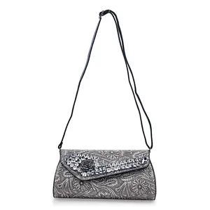 Silver Flower Embossed Faux Leather Crystal Crossbody Bag