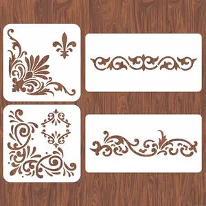 4 count Corner Stencils for Painting  Flower Border Stencil Large Square Lace Tile Stencil  Damask Furniture Stencils for  Canvas Paper Fabric Floor DIY Craft