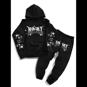 Unisex hoodie and sweatpants set with letter and star print, regular fit casual street long-sleeve hooded pullover and jogger pants, unisex spring and fall clothing