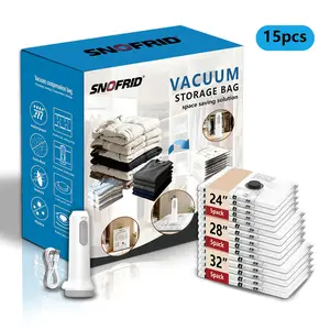 Cordless Travel Vacuum Storage Bags Set with Rechargeable Air Pump, 15 Pack Waterproof & Reusable Compression Packing Bags in 3 Sizes, Space-Saving Vacuum Seal Bags for Clothes & Carry-On