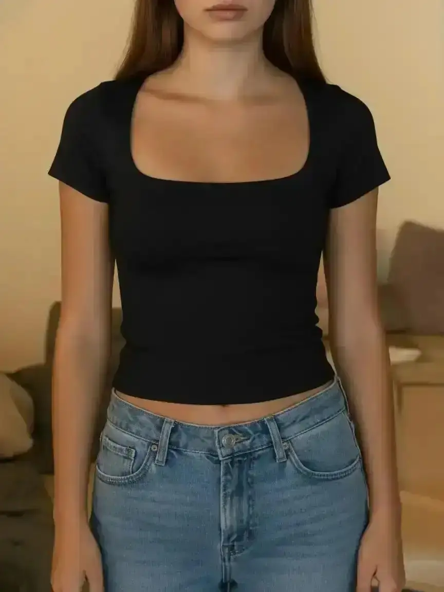 2026 Women's Solid Color Cropped Tee, Casual Slim-fitting Cap Sleeve T-shirt, Ladies Clothes for Daily Wear, Summer Tops, Casual Chic Minimalist
