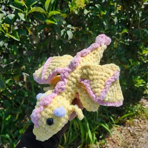 Handmade Crochet Pink and Yellow Dragon Plushie Stuffed Animal