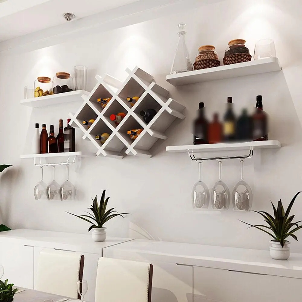 Wall Mount Wine Rack Storage Shelf Glass Cup Holder Bottle Organizer Home Decor
