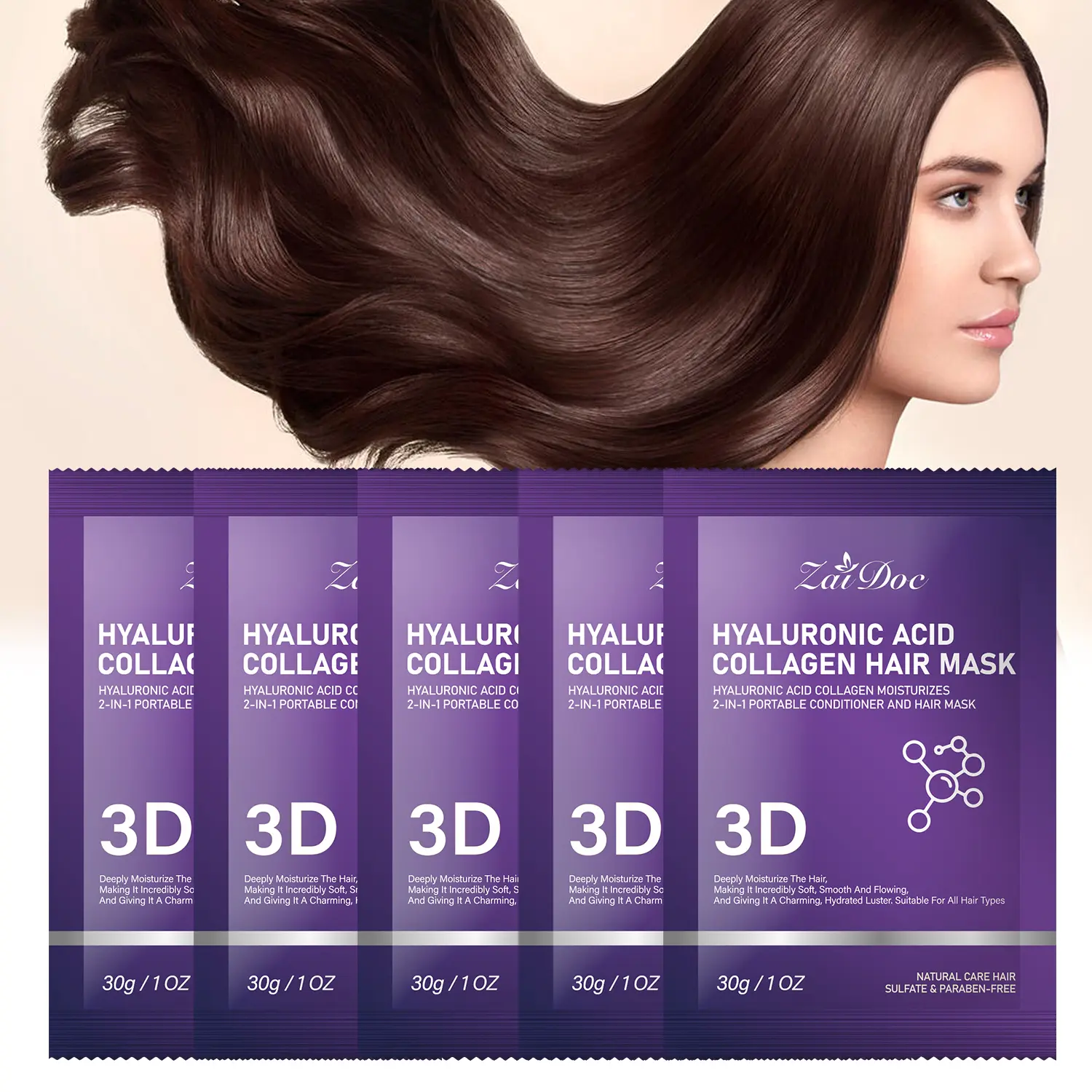 3D collagen hair mask 30g — Deeply repairs hair strands, replenishes moisture, restores hair's natural shine. Functions as a conditioner, lightweight and non-greasy, suitable for all hair types, leaving hair hydrated, glossy, smooth and easy to comb.