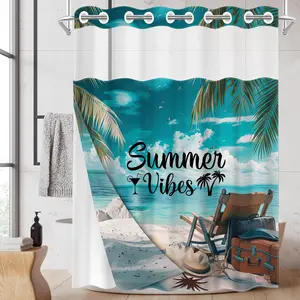 1PC 2D Flat Summer Vibes Beach Vacation Shower Curtain, Coconut Grove Seaview Slogan Design, Waterproof Detachable Liner Bathroom Curtain (No Hooks), Bathroom Decoration Accessories