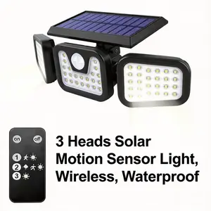 2 Pack Triple Head Solar LED Motion Sensor Light IP44 Weatherproof Dusk to Dawn Auto On Off Security Flood Light Wireless Energy Saving Wall Lamp for Garage Courtyard Pathway Porch Outdoor Home Exterior Lighting