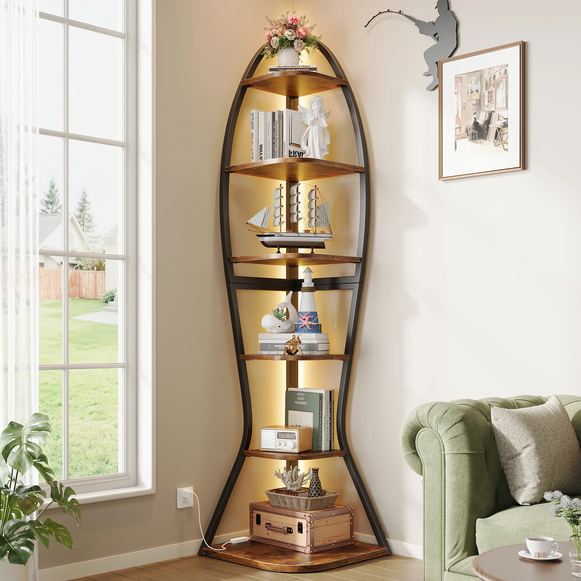68.11" Tall Industrial Corner Accent Bookcase - Small Corner Storage Shelf with Anti-Tip Construction, Living Room Decor, Shelves for Bedroom