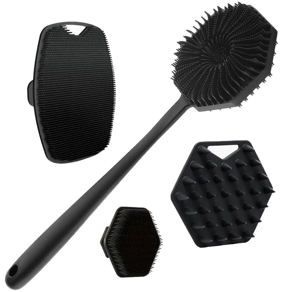 Silicone Body Brush Set, Long Handle Back Scrubber, Short Bath Brush, Shower Brush, Shampoo Brush, Face Wash Brush, Cleaning Tools, Body Care Tool, Bath Accessories
