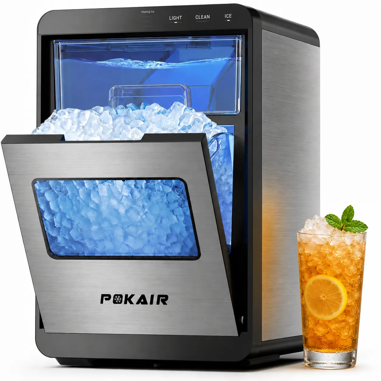 Pokair Countertop Nugget Ice Making Machine - 44.9lbs/Day Automatic Soft Chewable Pebble Ice Maker, Stainless Steel, Touch Screen Precision Digital Control Panel, US Plug for Home Kitchen Users