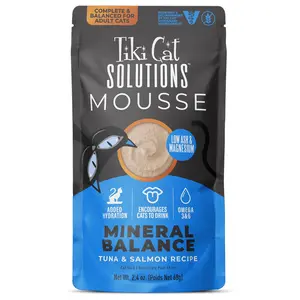 Tiki Cat Solutions Mousse Wet Cat Food Mineral Balance Tuna & Salmon Recipe 2.4 oz Pouch 12 Count Low Ash Magnesium Added Hydration Omega 3 6