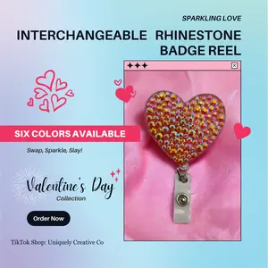 Sparkling Love: Interchangeable Rhinestone Heart Badge Reel | Valentine's Day Office Accessory | Customizable Bling Holder