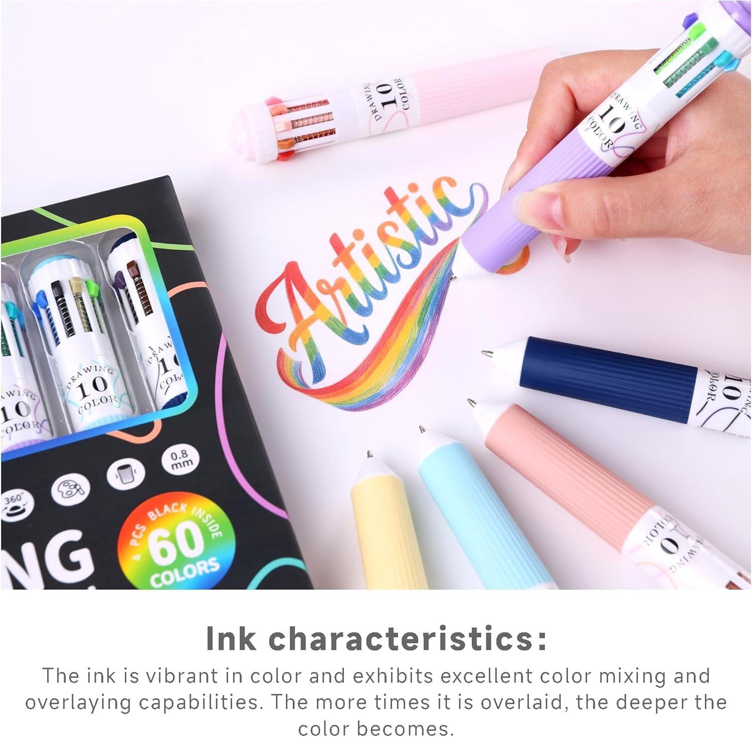 10-in-1 Multicolor Ballpoint Pens 6 Pack, 0.8mm Fine Point Retractable Multi Color Pen, Colored Ink Pens for Drawing, Writing, Coloring, Planner, Scrapbooking, School & Office Art Supplies Stationery