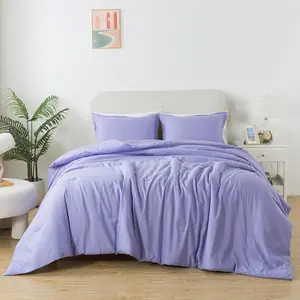 Full Size Lavender Purple Comforter Set, Solid Down Alternative Soft Boho Bedding Comforter Set, Breathable Fluffy Skin-Friendly Comforter for All Seasons with Pillowcases