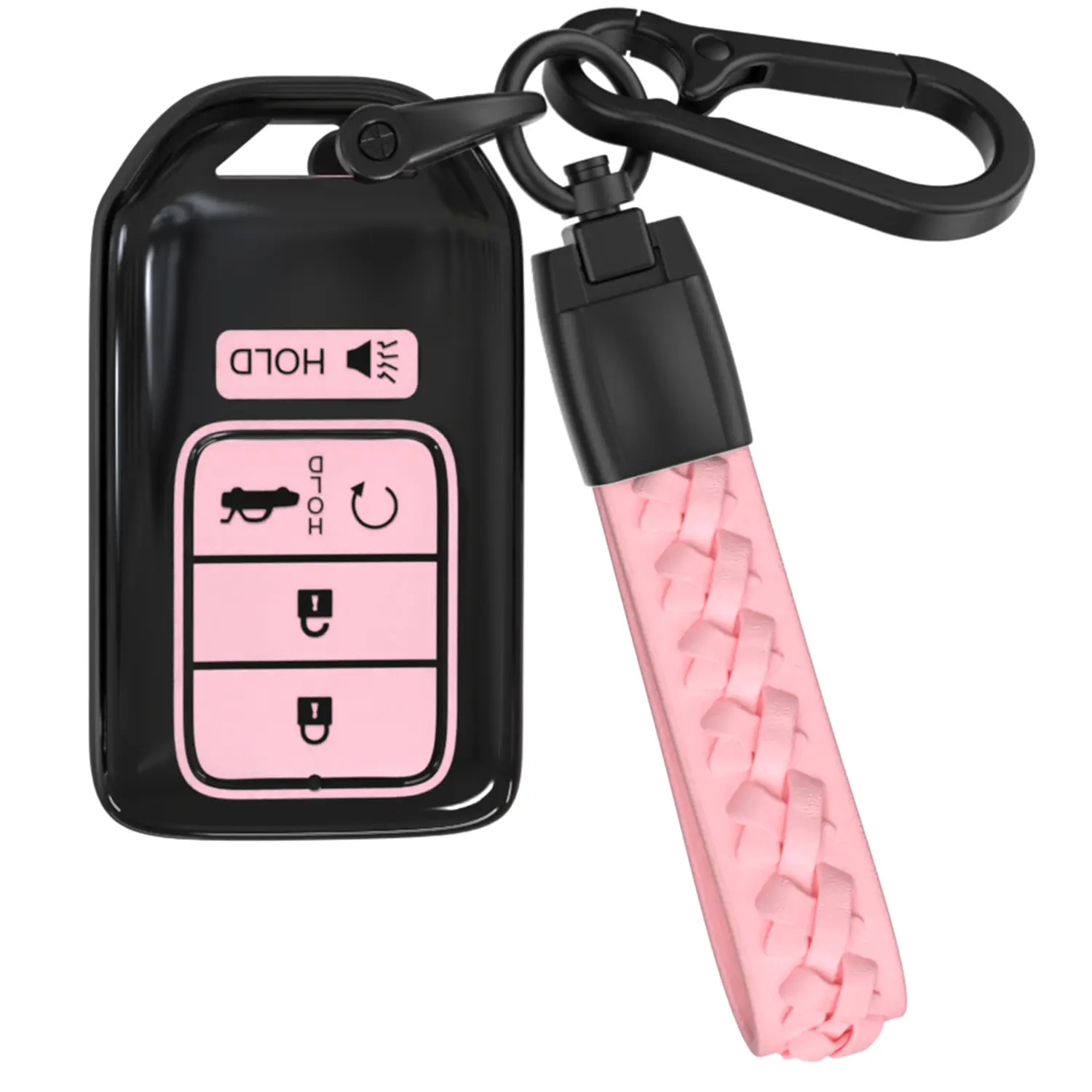 ACEBOY for Honda Key fob Cover with Leather Keychain, Soft TPU Protection Key Fob Case for Honda Accord Civic CRV Pilot Odyssey Passport Smart Key (Black/Pink,5 Buttons)