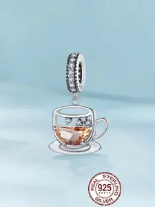 S925 Sterling Silver Hollow Coffee Cup Design Pendant, Fashionable Artificial Zircon Decorated Pendant, Cubic Zirconia Pendant, DIY Jewelry Accessories for Bracelet Necklace Making, Exquisite Jewelry for Birthday Gift