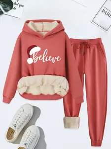 Women's Casual Sporty Hoodie Set, Thick Fleece Lined Pullover & Sweatpants, Fashionable Comfortable for Daily Wear, Solid Tracksuits Set