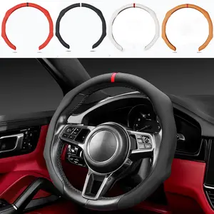 Leather Steering Wheel Cover 14 1/2 inch to 15 inch Universal, Padded Soft Grip Breathable for Car Truck SUV Jeep, Anti Slip Full Surround, Sports Style (Black with Red line)