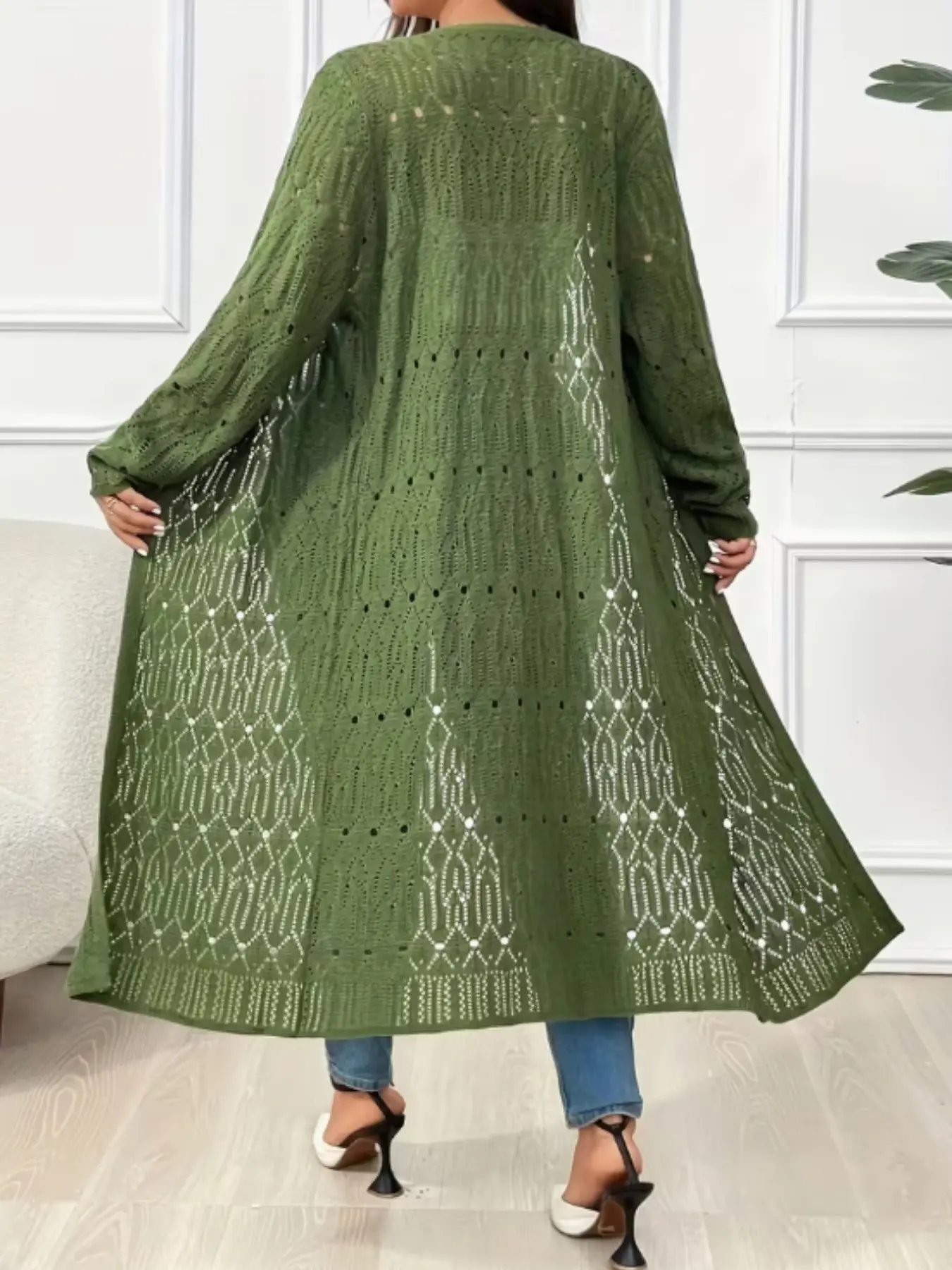 Elegant Plus Size Solid Color Knit Long Coat, Long Sleeve Lace-Up Knit Jacket, Beach Vacation Cover Up, Women's Fashion Outerwear, Knitwear, Chic, Baggy Fit, Casual