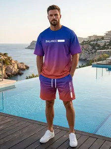 New York Men’s Sunset Gradient Balance 2-Piece Outfit, Micro-Elastic Polyester, Casual Tee & Shorts Set, Ideal for Spring & Summer, Viral NYC Soccer Streetwear