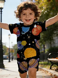 Baby short-sleeve set with all-over printed planet and starry sky digital printing, baby casual children's clothing sets, suitable for daily and outdoor sports. T-shirt: 100% polyester. A perfect gift for babies and toddlers!