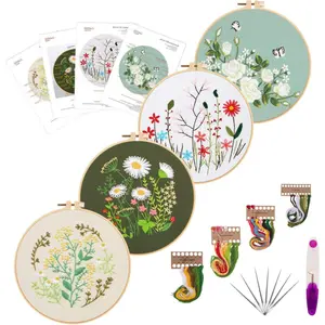 4Pcs Beginner Embroidery Kits with 4 Patterns and  Needles, Needlepoint Kits for Adults,Including Embroidery Floss,2 Wooden Embroidery Hoops and Color Threads(Plant) - Home Improvement.
