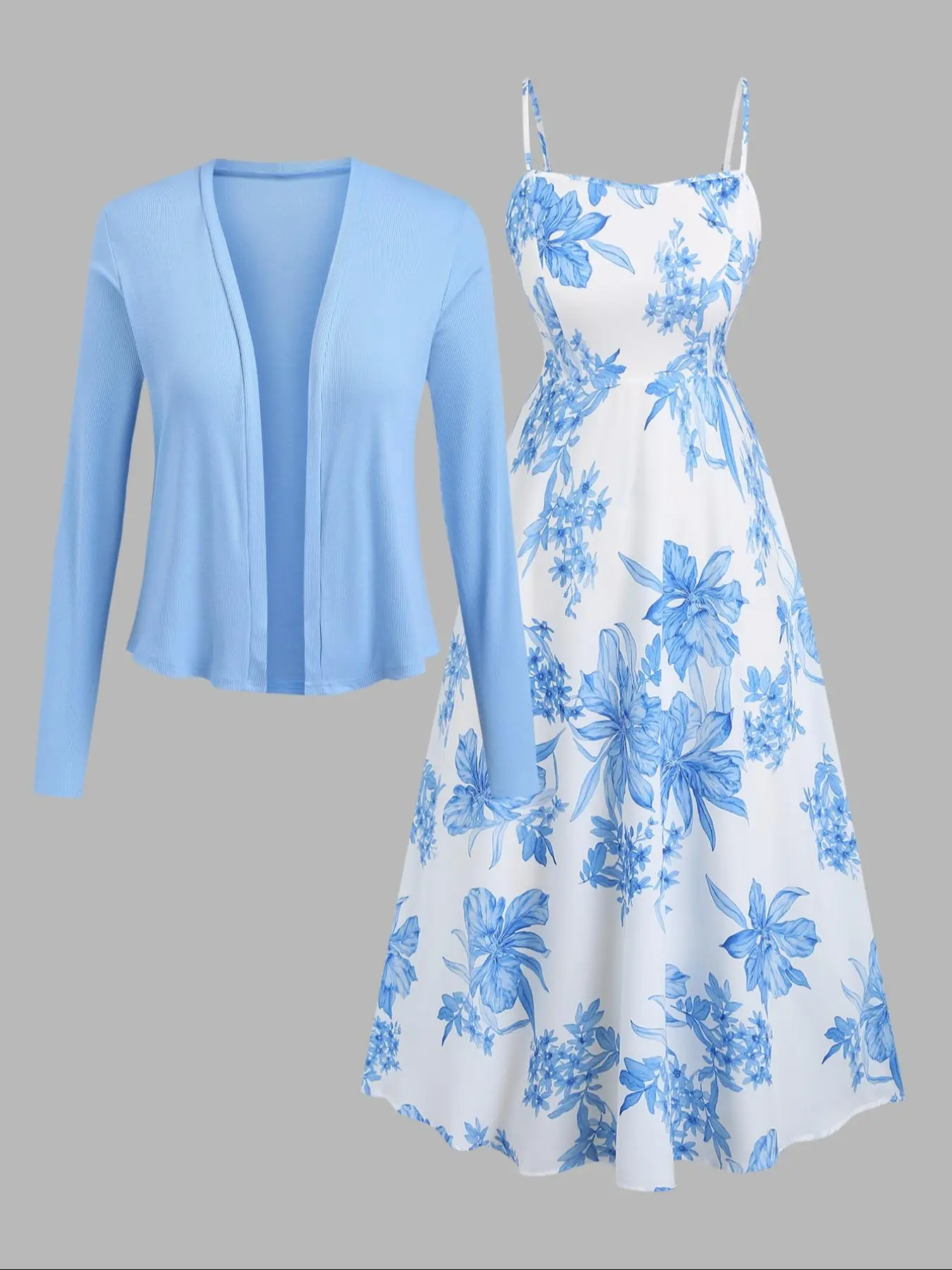 [Plus Size] Plain Open Front Outwear & Floral Print Dress Set, Casual Long Sleeve Outerwear & Cami Dress, Women's Two-piece Outfits for Holiday Vacation, Casual Comfy Chic, Casual Beach Style, Casual Boho Elegant, Womenswear