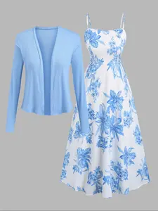 【Plus Size】 Plain Open Front Outwear & Floral Print Dress Set, Casual Long Sleeve Outerwear & Cami Dress, Women's Two-piece Outfits for Holiday Vacation, Casual Comfy Chic, Womenswear