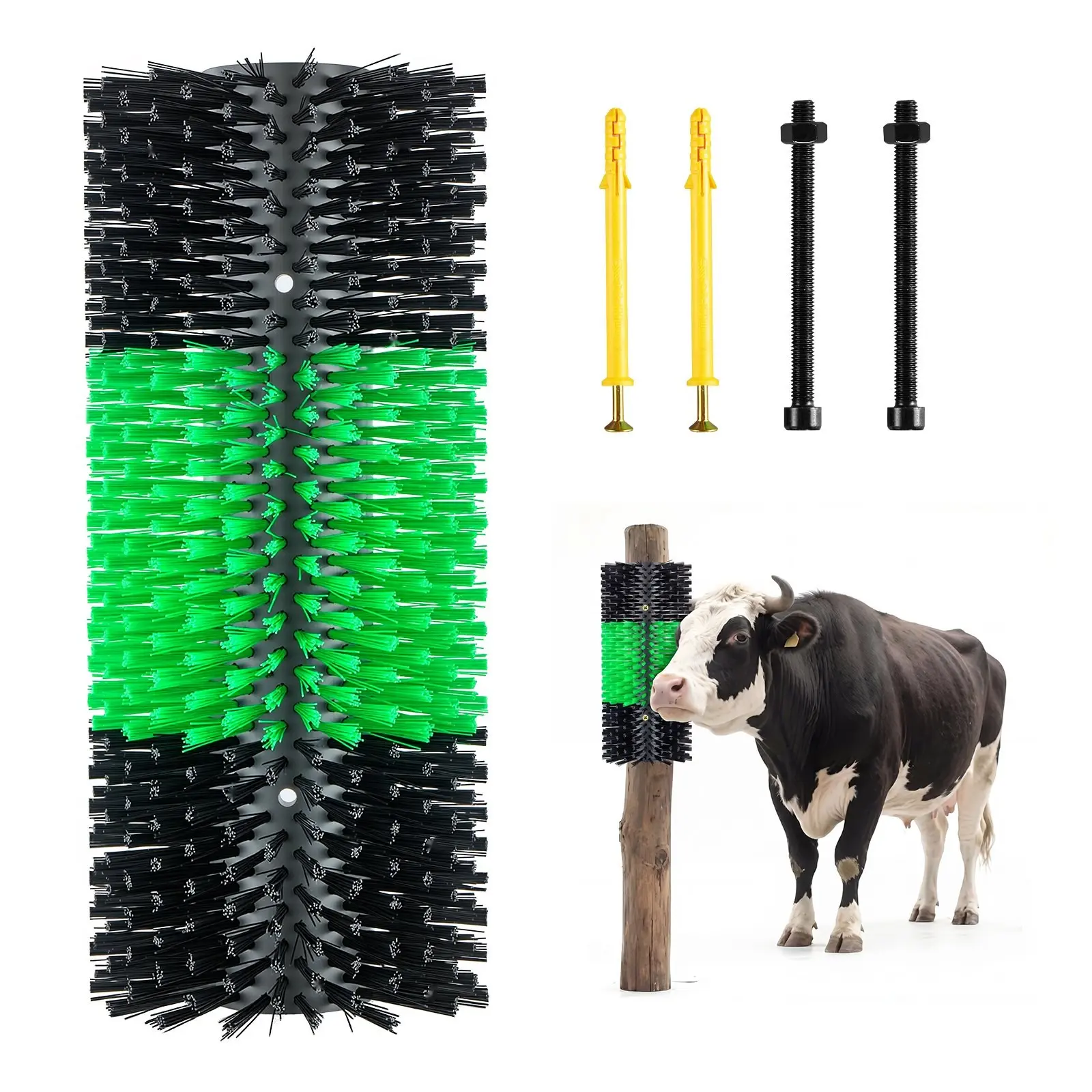 Livestock Scratching Brush For Farm Animals, 1 Piece Goat Scratcher Post With Four Screws, 16.9 x 7.5 Inches, Cow Scratch Post For Back Itch Relief, Massage Grooming Scratch Tool For Horses Cattle Sheep Pig, Green And Black