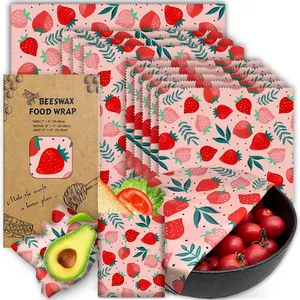 Beeswax Wrap, 9 Pack Reusable Food Wrap Beeswax Wraps for Food Storage Organic Beeswax Food Wraps Beeswax Paper Wax Wraps Wax Covers Beeswax Lunch Wrap Sandwich Wrappers 1L, 3M, 5S Strawberry Pattern